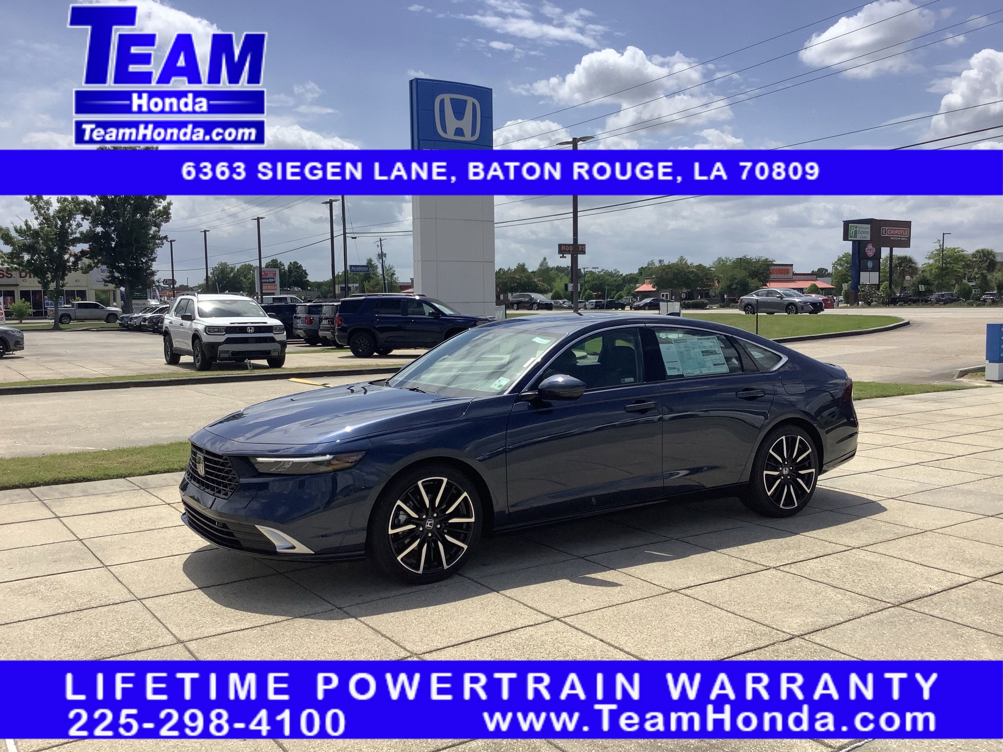 2026 Honda Accord Hybrid Touring in Canyon River Blue Metallic — front three-quarter view